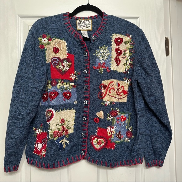VTG Heirloom Collectables Red and Blue Sweater Valentines Women’s Sweater Size L - Picture 2 of 11